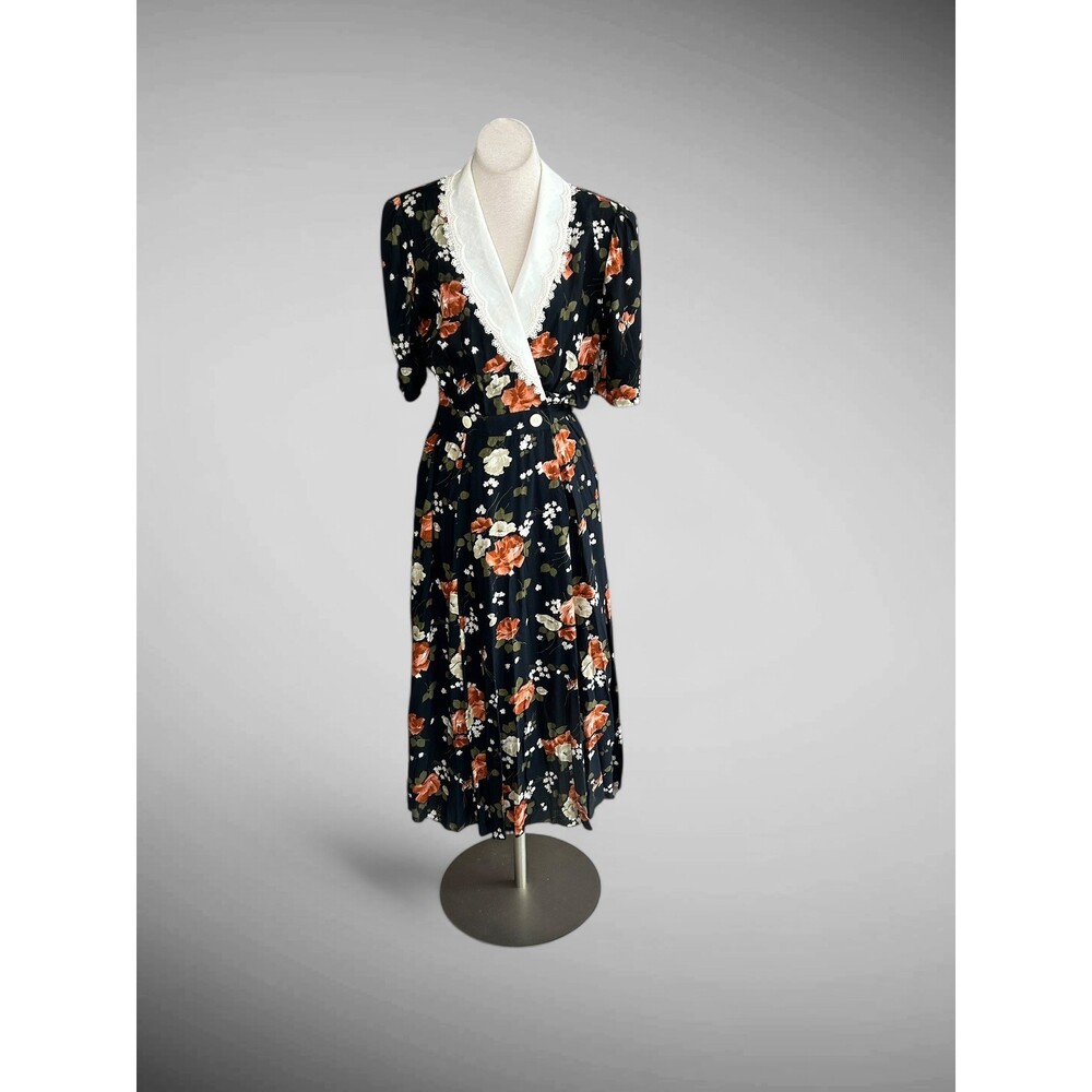 Expo Vintage 90s Dress Black Floral Grunge White Lace Collar Romantic Size 14